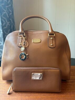 Michael Kors Sandrine Large Cognac Saffiano Leather Satchel with Matching Wallet